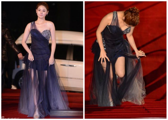 Nữ ca sĩ Lee Sueng Gi cũng xém chút nữa thì “vồ ếch” khi giẫm phải đuôi váy.